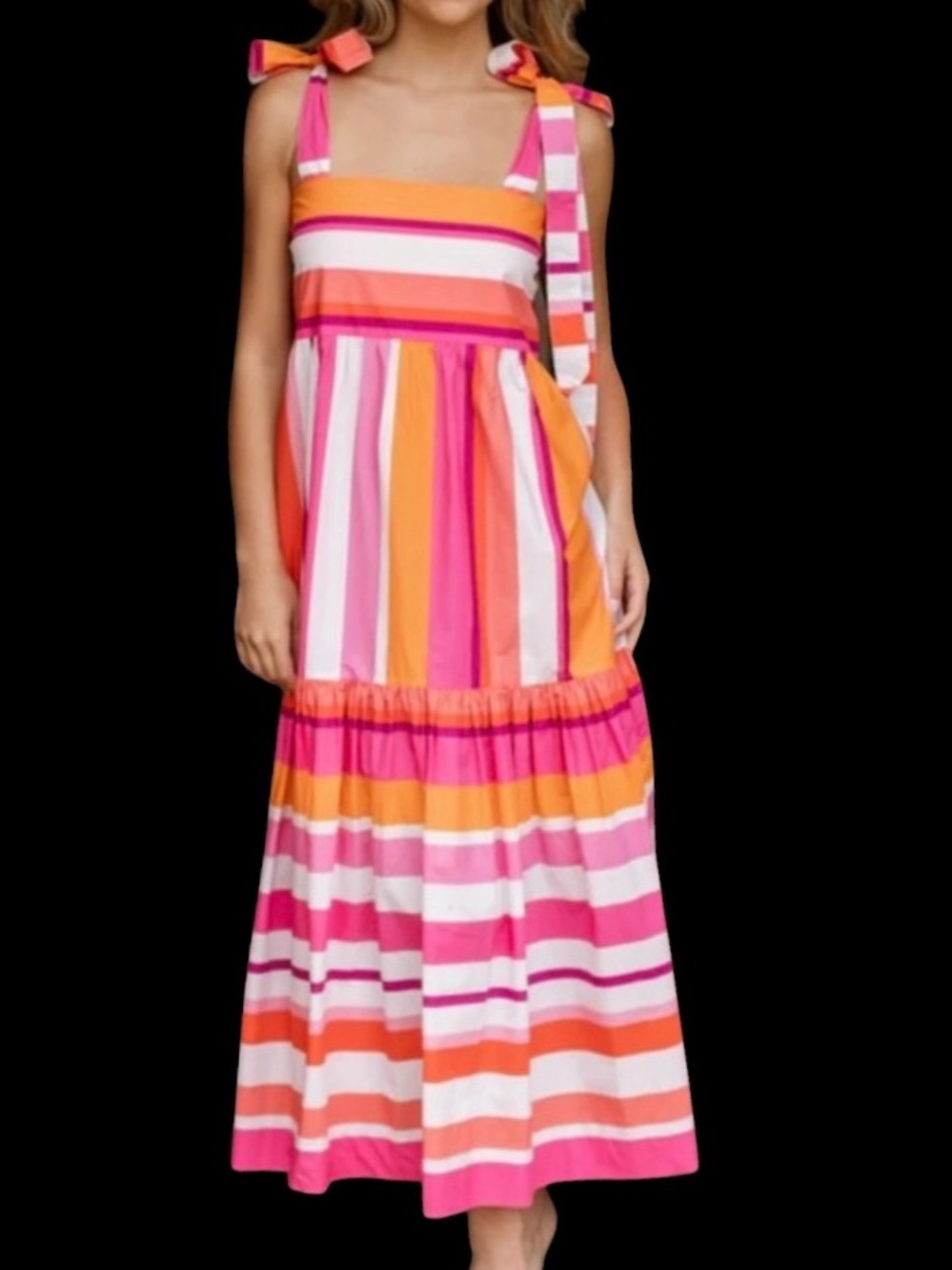 Hermoza Tie Shoulder Bridget Maxi Dress Pink Orange White Stripe NWT